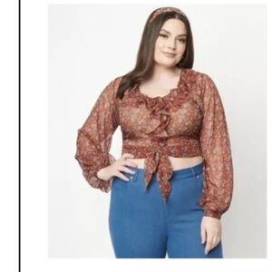 Unique Vintage Plus Size Rust & White Floral Ruffled & Ready rop Тор - 3X/20